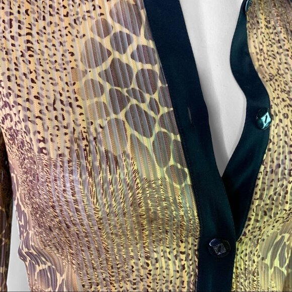 BUTTON DOWN SHIRT ANIMAL PRINT BROWN SHEER CHIFFON TOP LONG SLEEVE  BLOUSE SMALL - Picture 12 of 17